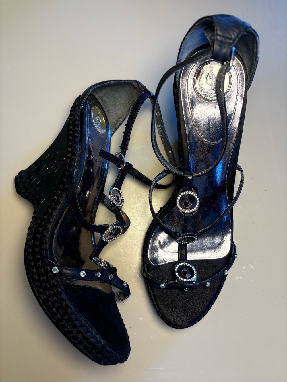 Y2K Vintage Baby Phat Woven Braided Wedge Sandals Rhinestone Accents Glitter